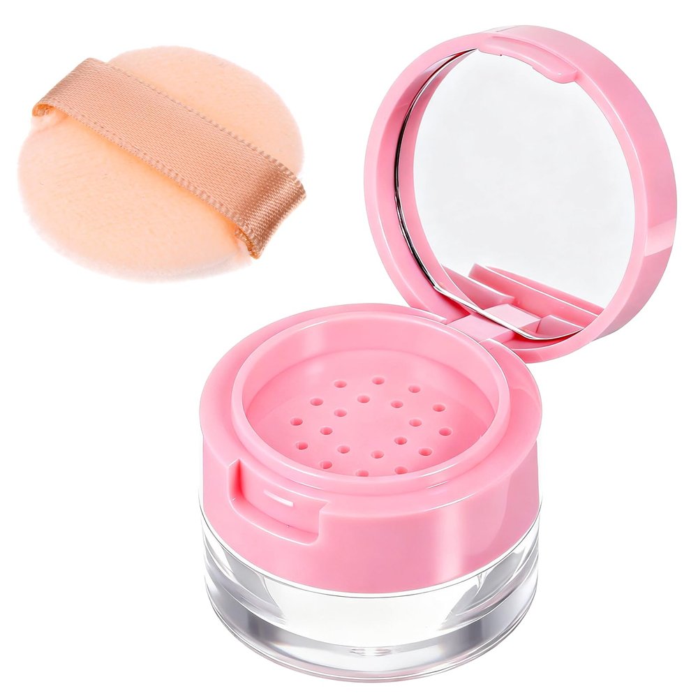 5 G Loose Powder Containers with Puff, Pink Empty Makeup Powder Container, Reusable Plastic Powders Case Compact DIY Makeup Powders Case with Mirror