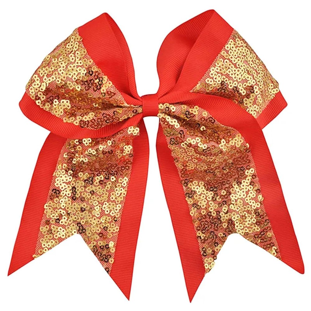 8pcs 8 inch Women Large Sequin Grosgrain Ribbon Cheer Bow Alligator Clips Barrettes Headwear Teens Sports Cheerleaders Girl Hair Clip For Cheerleading Performances(Red Gloden)