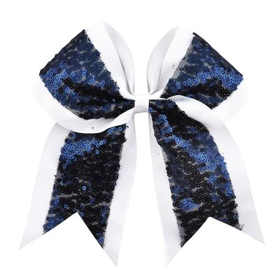 8pcs 8 inch Women Large Sequin Grosgrain Ribbon Cheer Bow Alligator Clips Barrettes Headwear Teens Sports Cheerleaders Girl Hair Clip For Cheerleading Performances(White Navy)