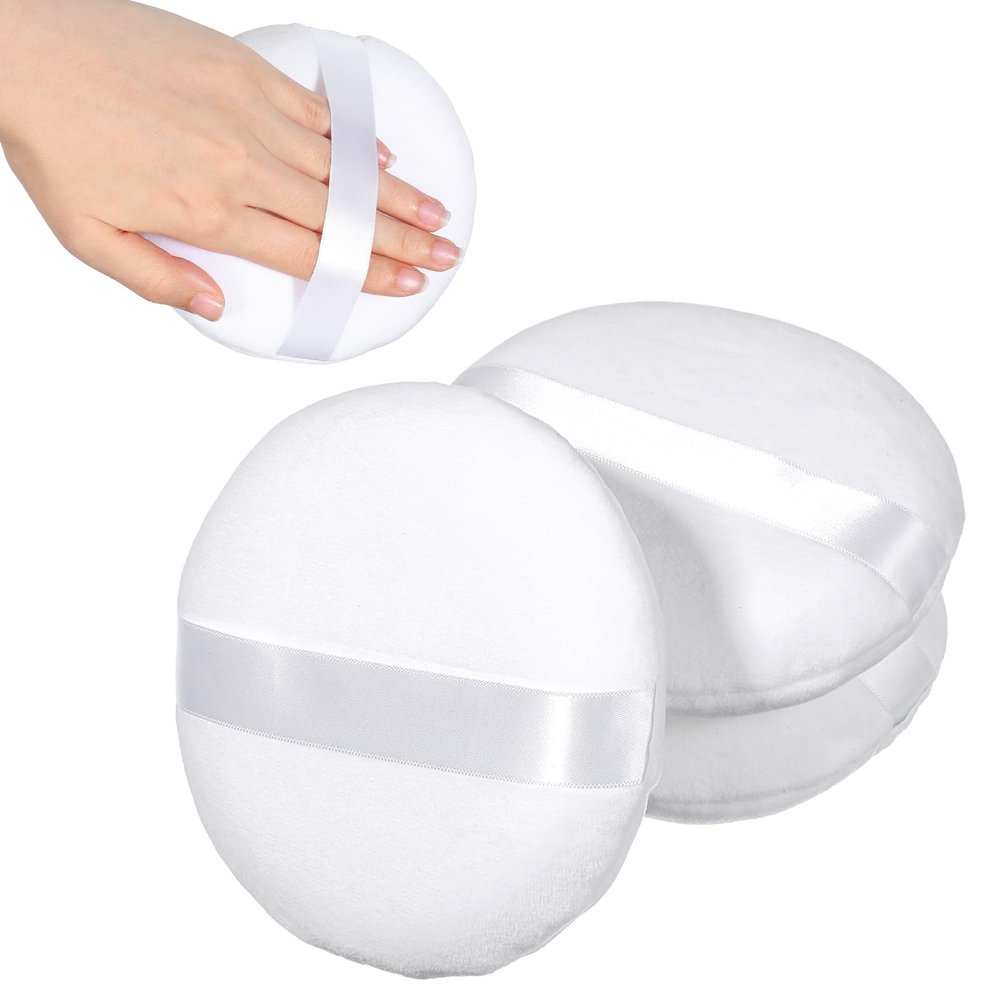 3 PCS PMakeup Puff 5 Inch Large Loose Body Makeup Sponge Soft Velour Washable Reusable Sponge Big Fluffy Sponge for Women Face Cleaning Makeup Foundation Blending-White