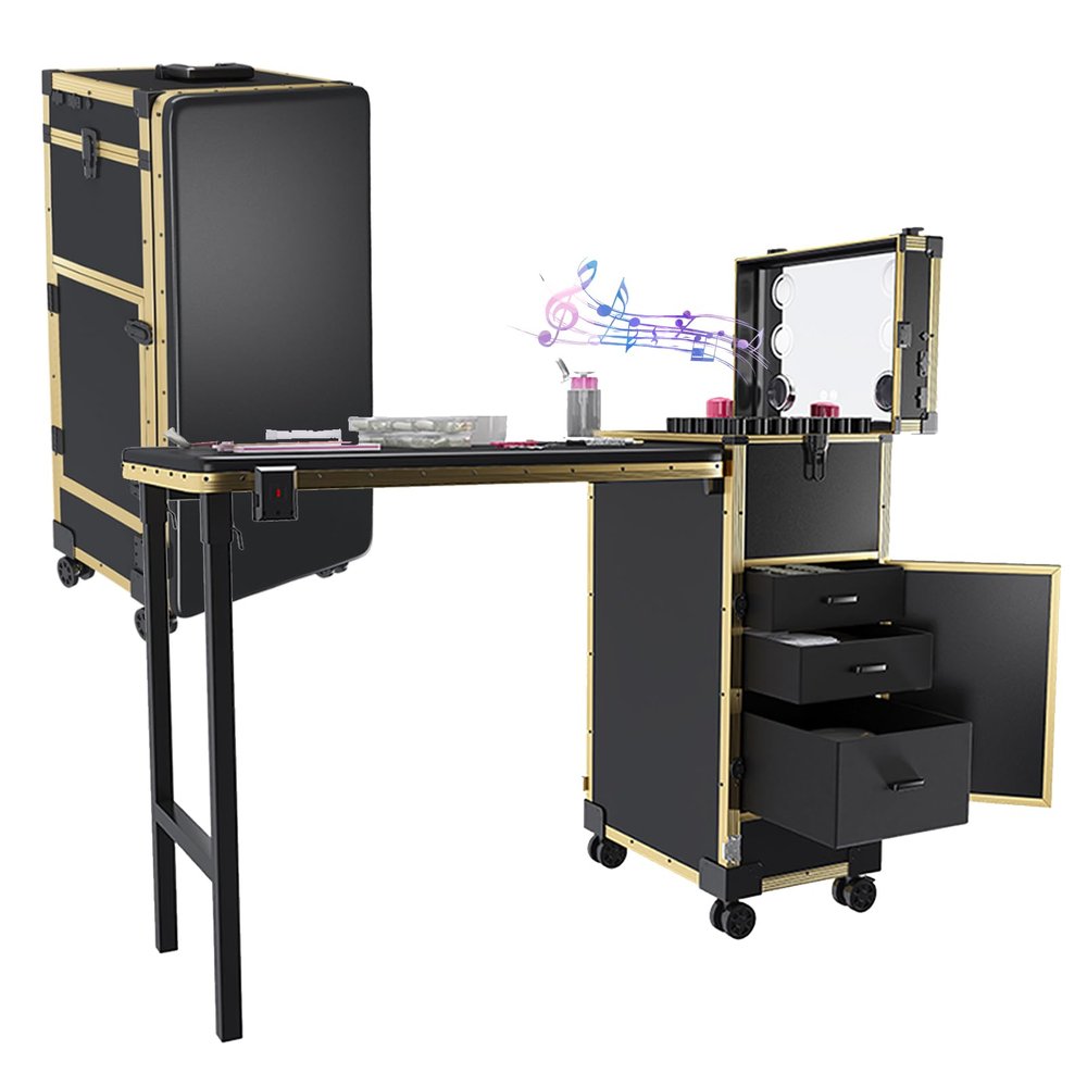 Thctvous Portable Nail Table with LED Mirror, Foldable Nail Tech Desk with Bluetooth, Rolling Manicure Table with 3 Lockable Drawers, Bluetooth, Telescopic Handle (Black+Gold)