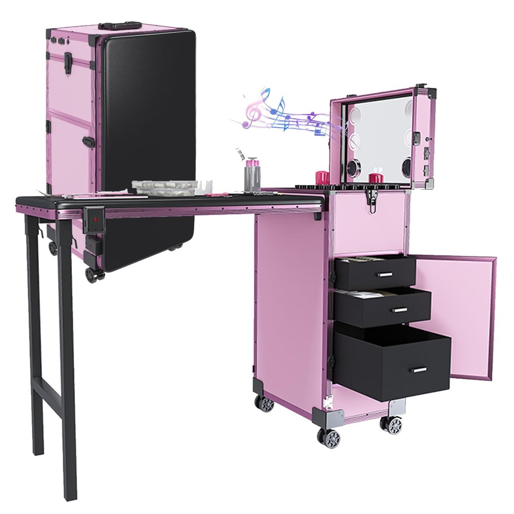 Thctvous Portable Nail Table with LED Mirror, Foldable Nail Tech Desk with Bluetooth, Rolling Manicure Table with 3 Lockable Drawers, Bluetooth, Telescopic Handle (Pink)