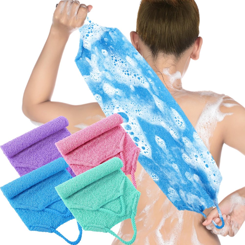 4 Pcs Exfoliating Back Scrubber with Handles, Nylon Back Washers, Scrubber Cloth Towel for Shower, Stretchable Pull Strap for Sensitive Rough Skin