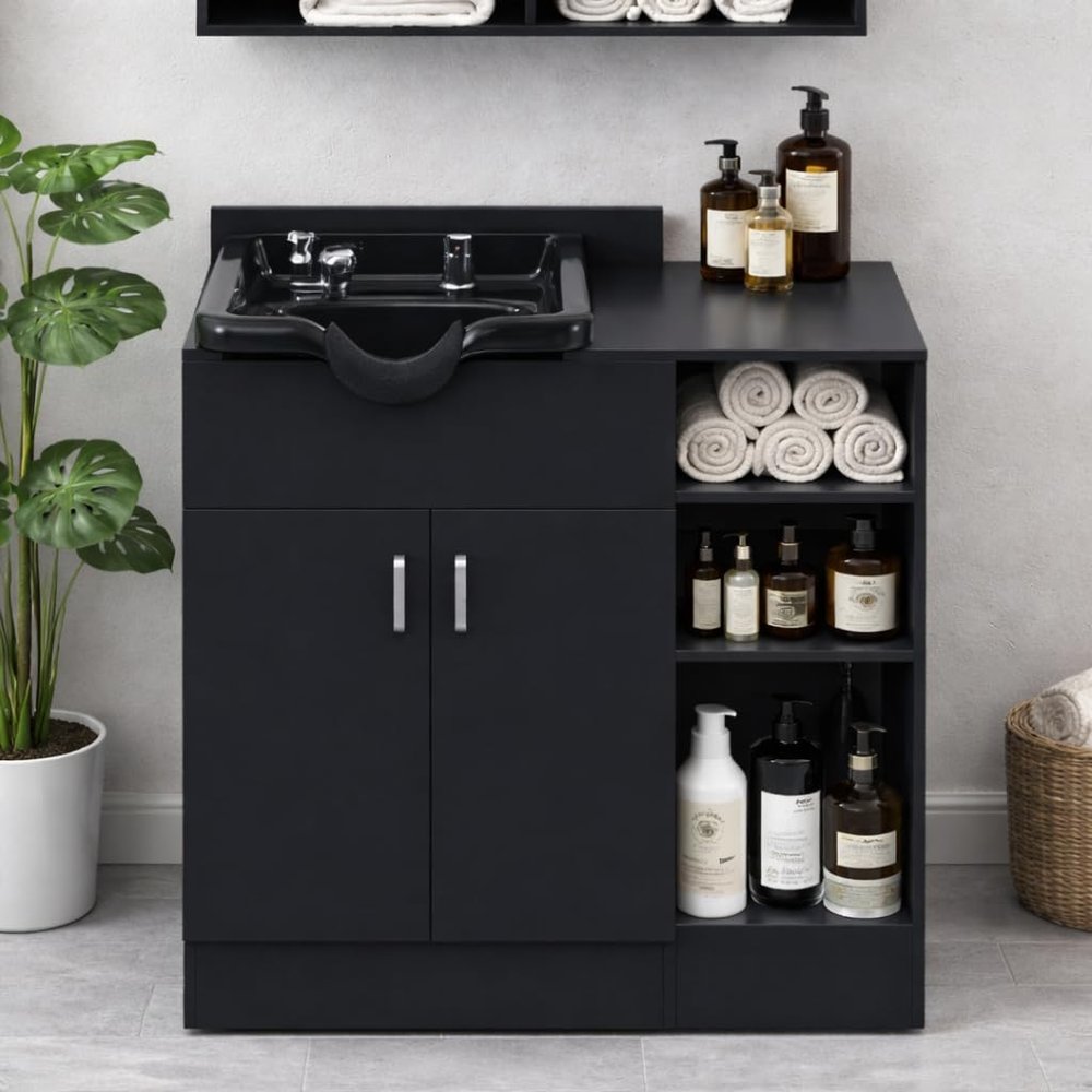 Beuiosda Portable Salon Sink with Faucet Sprayer, Shampoo Backwash Station for Salons with Shampoo Bowl and Storage Layer, Freestanding Backwash Sink for Barber, Beauty Salon, Spa (Black)