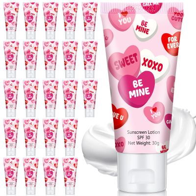 Dansib 24 Pcs Mini Sunscreen Bulk for Valentine's Day Party Spf 30 Water Resistant Sunscreen Lotion Bulk 1oz Travel Size for Thank You Gifts Valentines Party Supplies