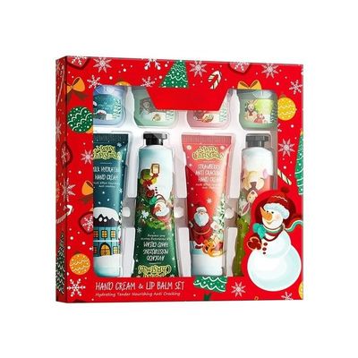 Christmas Hand Cream Bulk with Gift Boxes Travel Size Moisturizing Body Lotions for Christmas Stocking Stuffers Xmas Party Favors Holiday Gifts for Women (4 Hand Cream 4 Lip Balm)