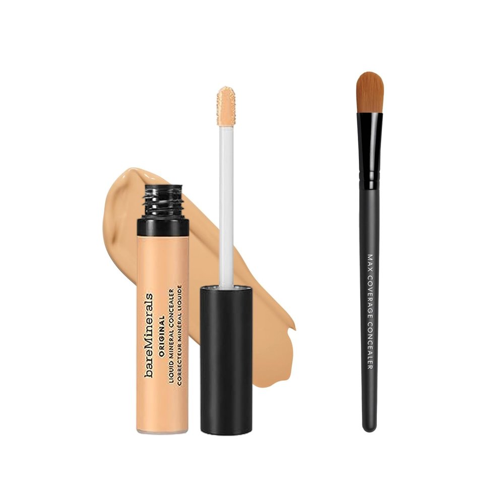 bareMinerals Original Liquid Mineral Concealer, Brightening Dark Circle + Maximum Coverage Flat Concealer Brush Bundle