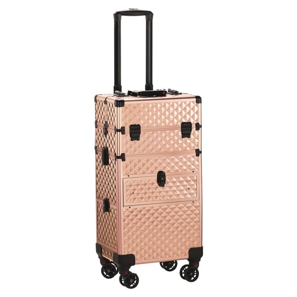 2-in-1 front drawer with slides, flat left drawer, removable universal wheels, aluminum, diamond pattern, champagne gold, 34 * 24 * 72.5cm