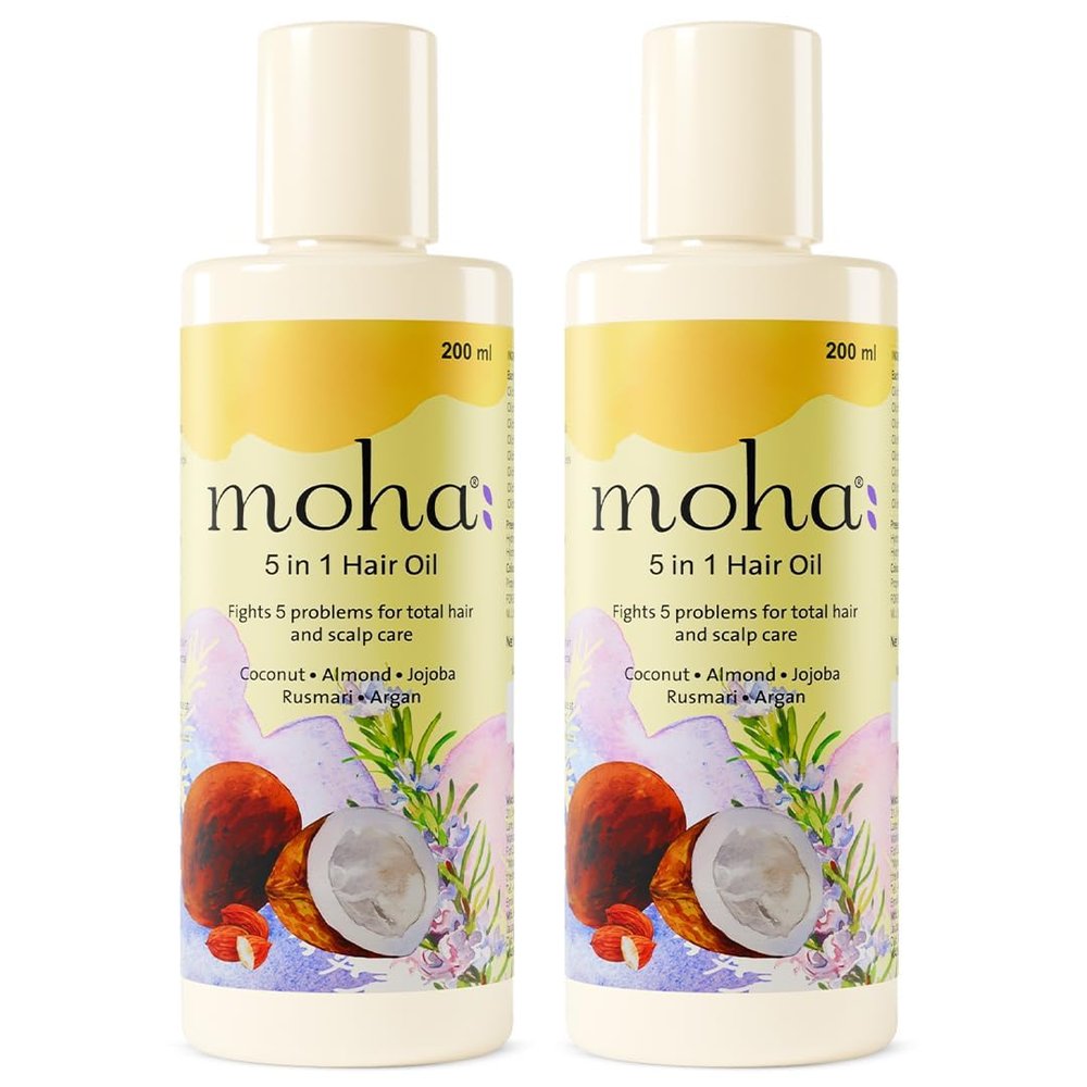 5 in 1 Hair Oil with Coconut, Almond, Jojoba, Rusmari, Argan Oil for Total Hair and Scalp Care, 200ml, Clinically Proven Hair Growth Formula