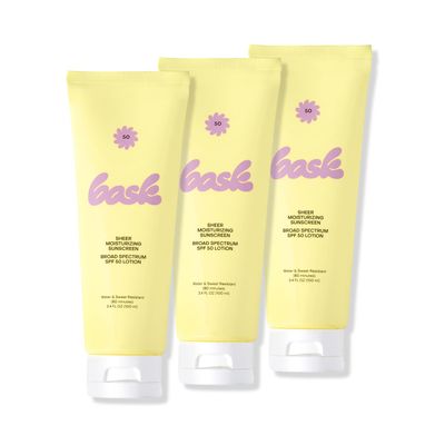 Bask Suncare SPF 50 Sheer Moisturizing Sunscreen Lotion - Broad Spectrum UVA/UVB Protection, Dermatologist Recommended, Hydrating, Lightweight & Non-Greasy, Travel Size (Value Pack of 3)
