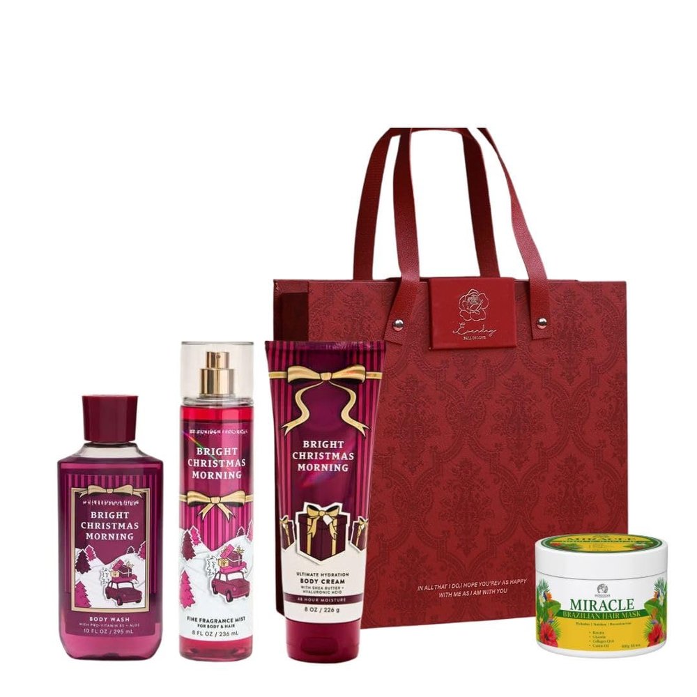 Bright Christmas Morning -White BarnBath Body/Work - HOLIDAY COLLECTION - 3 Full Size and Holiday NEW Gift Bag With MIRACLE BRAZILIAN HAIR MASK (Packaging May Vary)