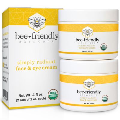 BeeFriendly Organic Face and Eye Cream, USDA Certified Organic Facial Moisturizer, All In One Natural Face, Eye, Neck, Decollete Cream Reduces Wrinkles & Lines, 4 oz - (2 Jars in a box)