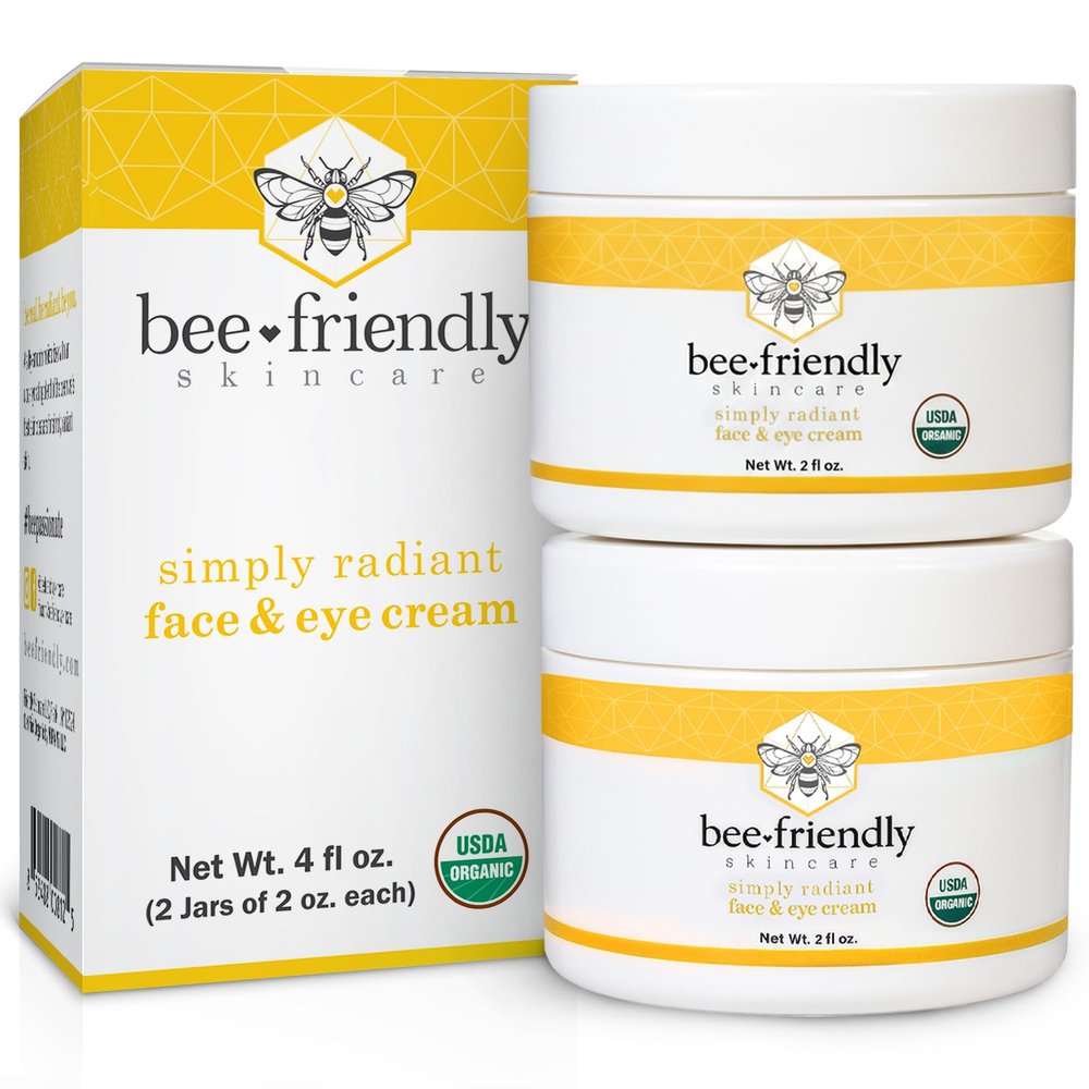 BeeFriendly Organic Face and Eye Cream, USDA Certified Organic Facial Moisturizer, All In One Natural Face, Eye, Neck, Decollete Cream Reduces Wrinkles & Lines, 4 oz - (2 Jars in a box)