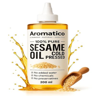 100% Pure Cold Pressed Sesame Oil, 200ml, Natural Multipurpose for Skin Hair Body, No Chemicals No Preservatives, Makeup Remover Post-Workout Recovery