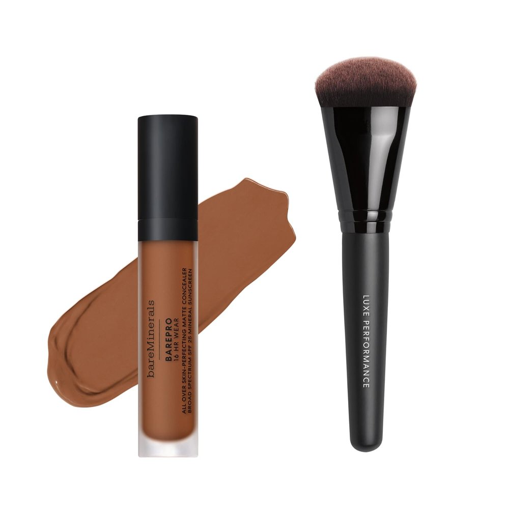 bareMinerals BarePro 16HR All Over Skin-Perfecting Natural Matte Concealer Mineral SPF 25 with Niacinamide + Shade & Diffuse Concealer Brush Bundle