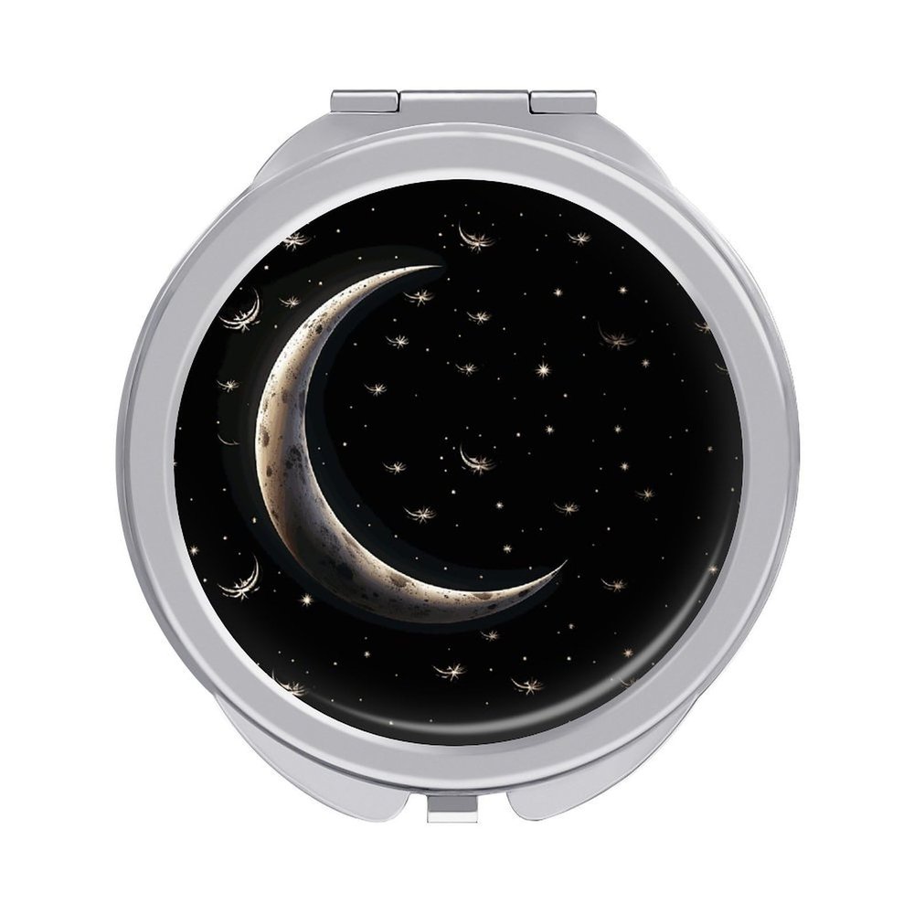 QVHCCNNDI Crescent Moon on Black Background Travel Makeup Mirror 1x/2x Magnification Compact Mirrors Portable Pocket Mirror for Women 2.4 Inch Folding Handheld Mirrror 2-Sided Circle Cosmetic Mirrors