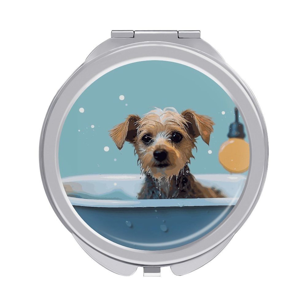 QVHCCNNDI Funny Dog in Bathtub Travel Makeup Mirror 1x/2x Magnification Compact Mirrors Portable Pocket Mirror for Women 2.4 Inch Folding Handheld Mirrror 2-Sided Circle Cosmetic Mirrors