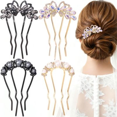 4Pcs Metal French Hair Pins for Women, 4 Prong Hair Fork Side Combs for Thick Hair Buns, Rhinestone Pearl Decorative Clips, Vintage Gold Black Hair Accessories for Wedding Bridal Updo