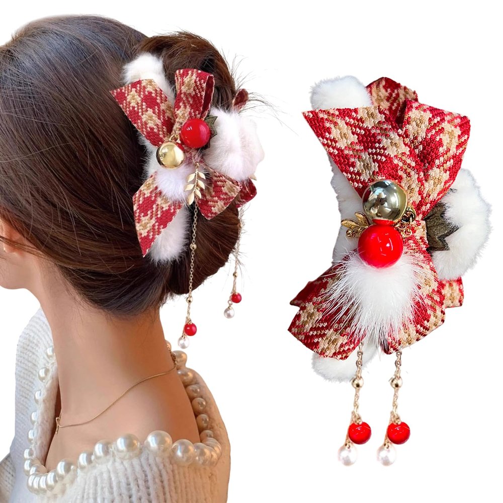 1Pcs Christmas Hair Clips for Women Red Hair Claw Clips Cute Xmas Hair Barrettes with Tassels Designs Winter Shark Clip Hair Accessories for New Year Holiday Outfits & Daily Styling