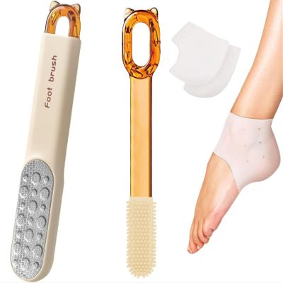 2-in-1 Foot File Callus Remover Set, Stainless Steel Foot Scrubber with Silicone Brush & Heel Gel Socks for Smooth Feet (Orange)
