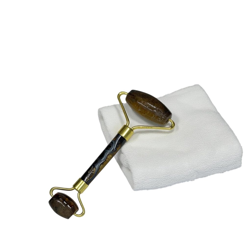 Crystal Wellness Tiger Eye Face Roller, Natural Gemstone Massage Tool with Gold-Tone Hardware, Luxury Self Care Kit for Facial Massage, Stress Relief and Energy Balance