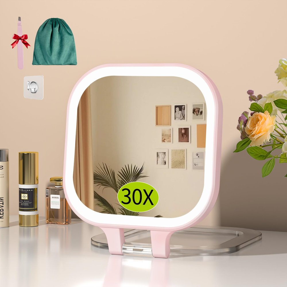 FUNTOUCH Rechargeable 7" Travel Makeup Mirror 30X Magnification,Pink
