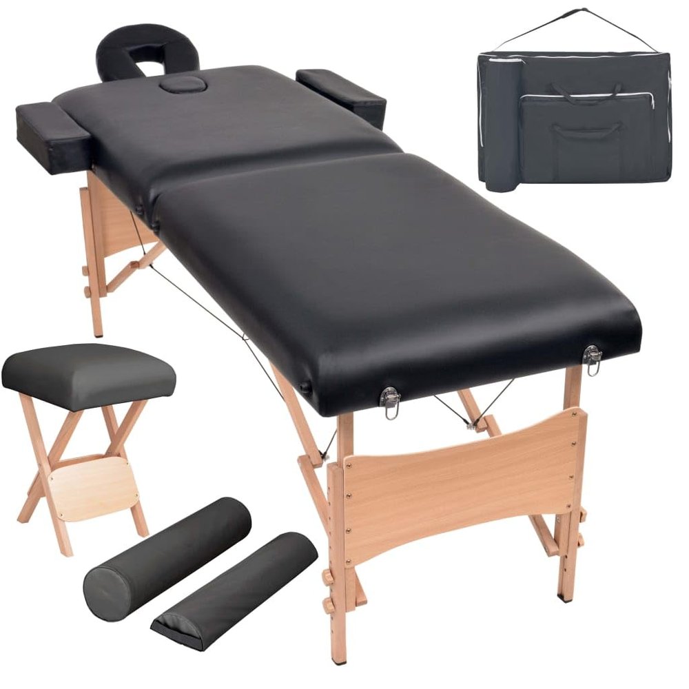 2-Zone Folding Massage Table and Stool Set 3.9" Thick Black 110155