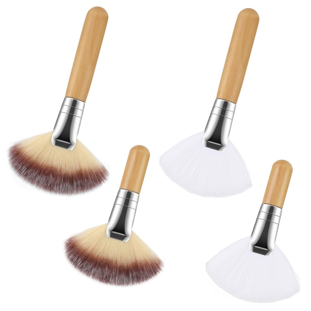 4PCS Fan Brushes Esthetician with Long Handles and Short Handles, Fluffy Soft Fan Facial Brushes, Wooden Handle Fan-Shaped Makeup Brush for Pressed Powder, Loose Powder, Highlighter, Blush, Body