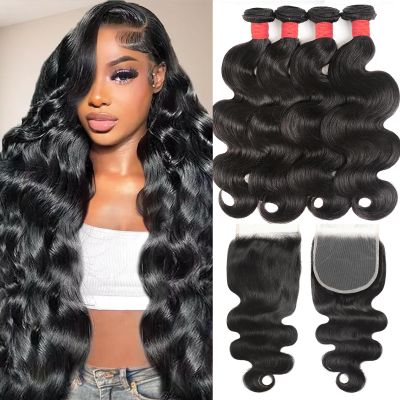 Body Wave Bundles Human Hair with Closure (18 20 22 24+16) 4 Bundles with Closure 5x5 HD Closure with Bundles Human Hair 12A Unprocessed Virgin Hair