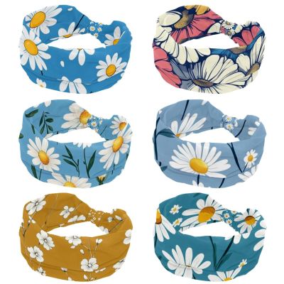 CHENZZZZ 6 Pack Retro Daisy Flower (3) Headbands for Women, Fashion Knotted Headband Wide Hairband Girls Hair Accessories