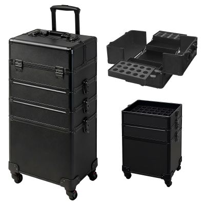 DeerDean 4-in-1 Rolling Makeup Case - Cosmetic Train Trolley with Shock-Absorbing 360 Case on Wheels, Makeup Storage for Nail Cart Beauty Services, Home Studio & Travel (Black, 30Inch)