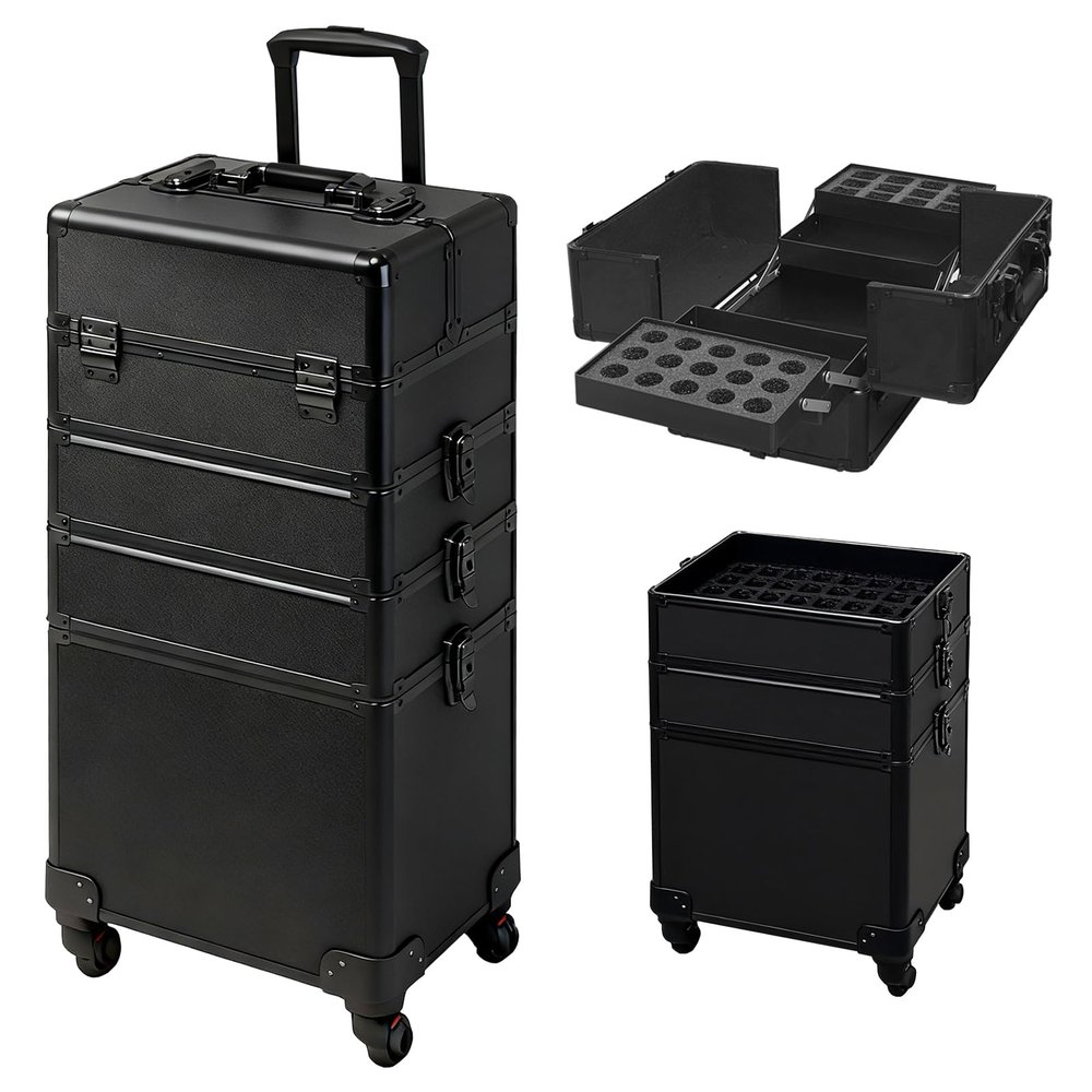 DeerDean 4-in-1 Rolling Makeup Case - Cosmetic Train Trolley with Shock-Absorbing 360 Case on Wheels, Makeup Storage for Nail Cart Beauty Services, Home Studio & Travel (Black, 30Inch)