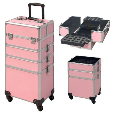 DeerDean 4-in-1 Rolling Makeup Case - Cosmetic Train Trolley with Shock-Absorbing 360 Case on Wheels, Makeup Storage for Nail Cart Beauty Services, Home Studio & Travel (Pink, 30Inch)