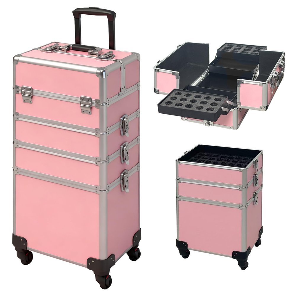 DeerDean 4-in-1 Rolling Makeup Case - Cosmetic Train Trolley with Shock-Absorbing 360 Case on Wheels, Makeup Storage for Nail Cart Beauty Services, Home Studio & Travel (Pink, 30Inch)