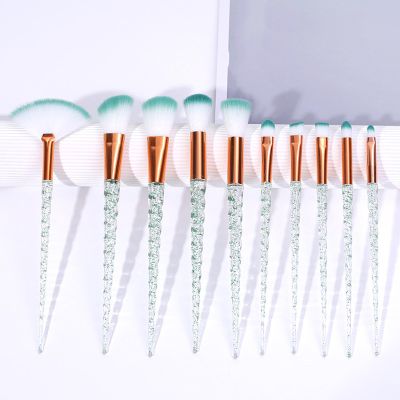 10 PCS Glitter Crystal Makeup Brush Set,Professional Glitter Brushes Cute Makeup Brushes Face Cosmetics Blending Synthetic Brush for Foundation, Concealer, Eye Shadow, Blush, Lip(Green)