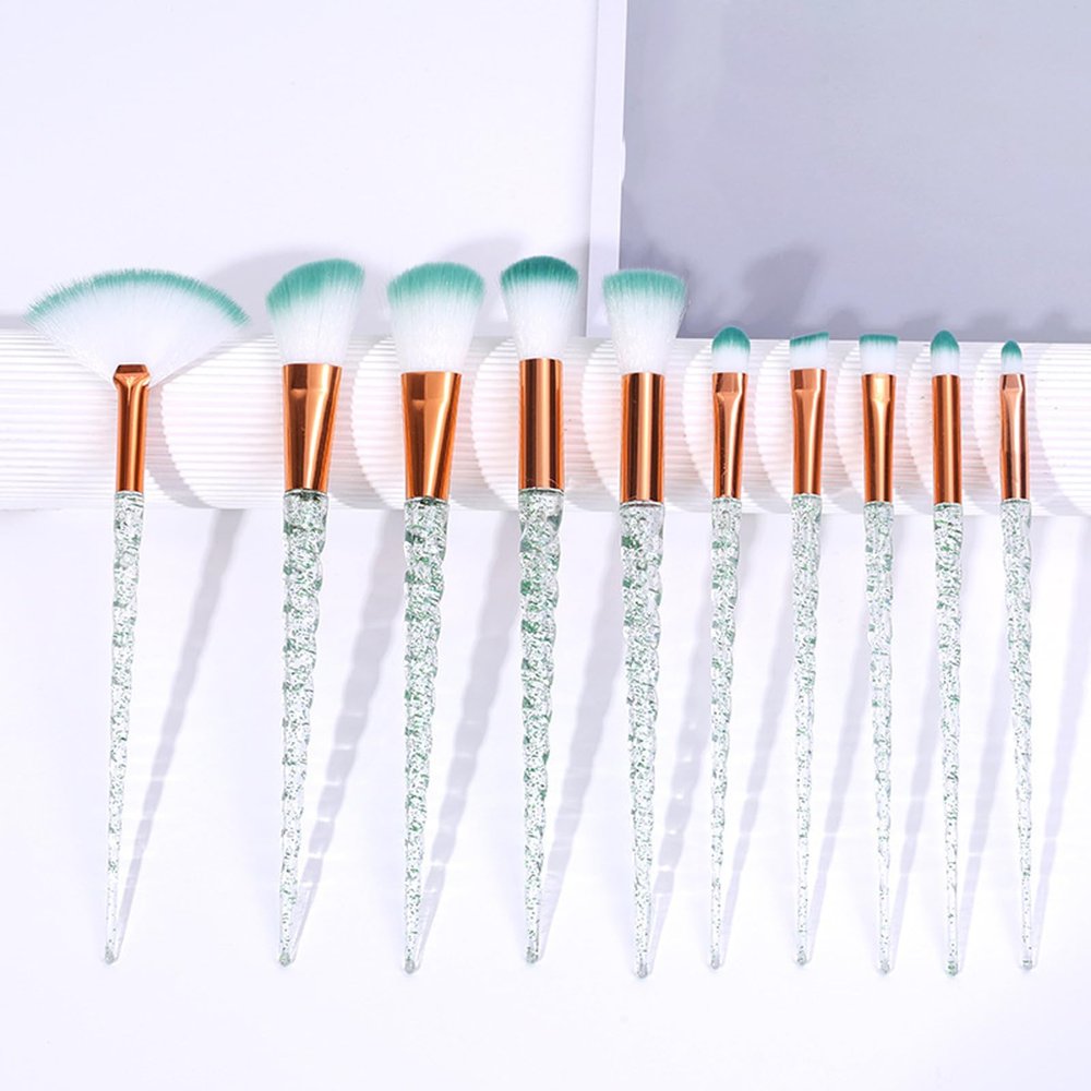 10 PCS Glitter Crystal Makeup Brush Set,Professional Glitter Brushes Cute Makeup Brushes Face Cosmetics Blending Synthetic Brush for Foundation, Concealer, Eye Shadow, Blush, Lip(Green)