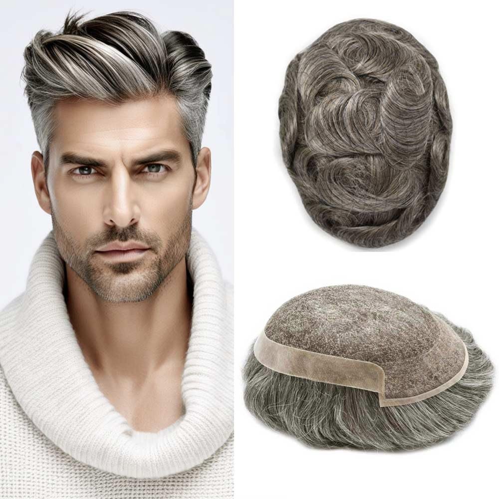 ApexToupees Toupee for Men Real Human Hair Swiss Lace Hairpiece for Men Hair Replacement System Poly Coated Mens Hairpieces Breathable Mens Hair System 6X9-100% Density 365# 3# DARK BROWN+65% GREY