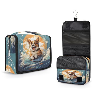 YPPAHHHH Hanging Toiletry Bag for Women Men Travel Cute Surfing Corgi Dog Makeup Organizer with Compartments, Waterproof Portable Cosmetic Bag with Hook and Handle