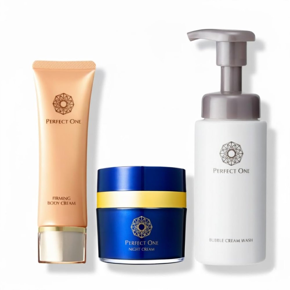 PERFECT ONE Luxury Skincare Trio: Night Cream + Firming Body Cream + Bubble Face Wash | Head-to-Toe Indulgent Care | Hydration, Firmness & Radiance | Premium Japanese Skincare