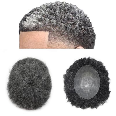 ApexToupees Afro Toupee For Black Men Kinky Curly Human Hair Replacement System Full Poly Afro Weave Hair Units For African American Men Hair Piece 8X10 6MM Afro Wave#140 1# JET BLACK+40% GREY