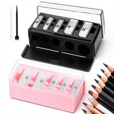 2 Pack 5 Hole Cosmetic Long Point Pencil Sharpener Eye Pencil Sharpener Makeup Eyeliner Pencils Sharpeners with Plastic Lid Cosmetic Manual Tools for Eyeliner Eyebrow Lip Liner Pencils(Black, Pink)