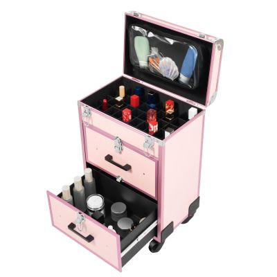 BIAZFYIUW Makeup Train Case, Multi-Functional Large Rolling Makeup Train Case with Aluminum Frame, Travel Beauty Storage for Makeup Artists, Salon Professionals & Home Use (Pink)
