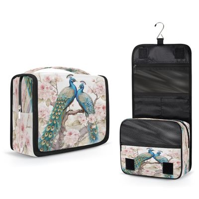 YPPAHHHH Hanging Toiletry Bag for Women Men Travel Peacock Birds Floral Makeup Organizer with Compartments, Waterproof Portable Cosmetic Bag with Hook and Handle