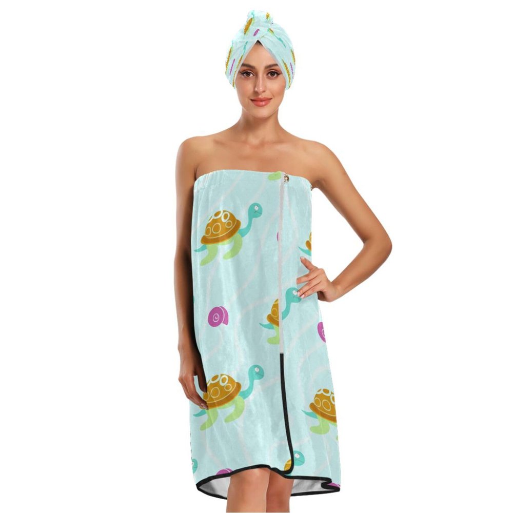 Bulletgxll Cartoon Turtles Women's Shower Wrap Towel Set of 3 Adjustable Spa Body Wrap Super Absorbent Bathrobe with Hair Towel & Headband