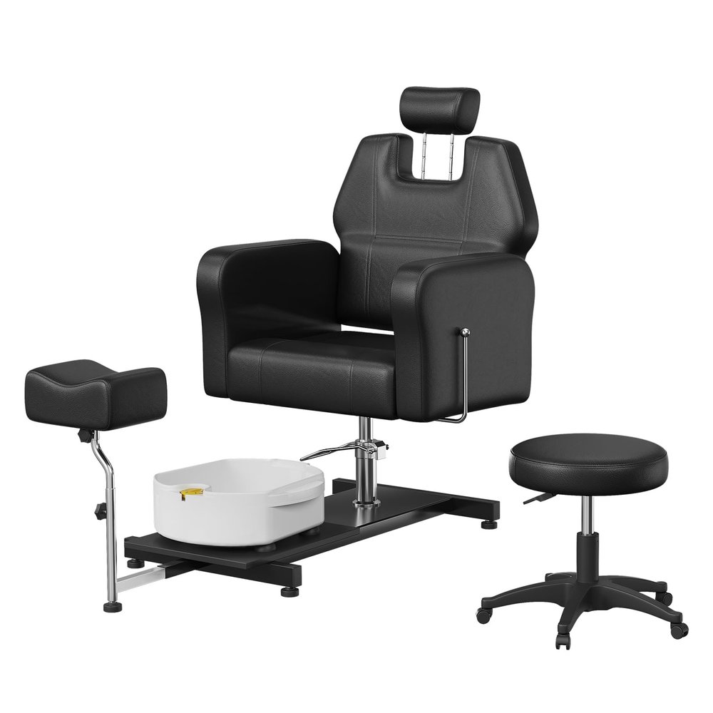 Reclining Pedicure Chair with Hydraulic Lift, Stool, Footrest & Massage Basin, Adjustable Pedicure Unit Station, 360 Swivel Spa Station Pedi Chair for Foot Bath Beauty Spa Salon Salon Home Use, Black