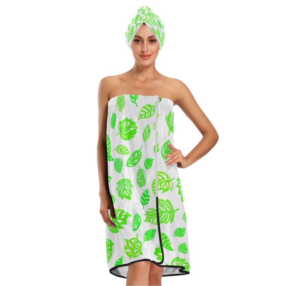 Bulletgxll Green Leaves Women's Shower Wrap Towel Set of 3 Adjustable Spa Body Wrap Super Absorbent Bathrobe with Hair Towel & Headband