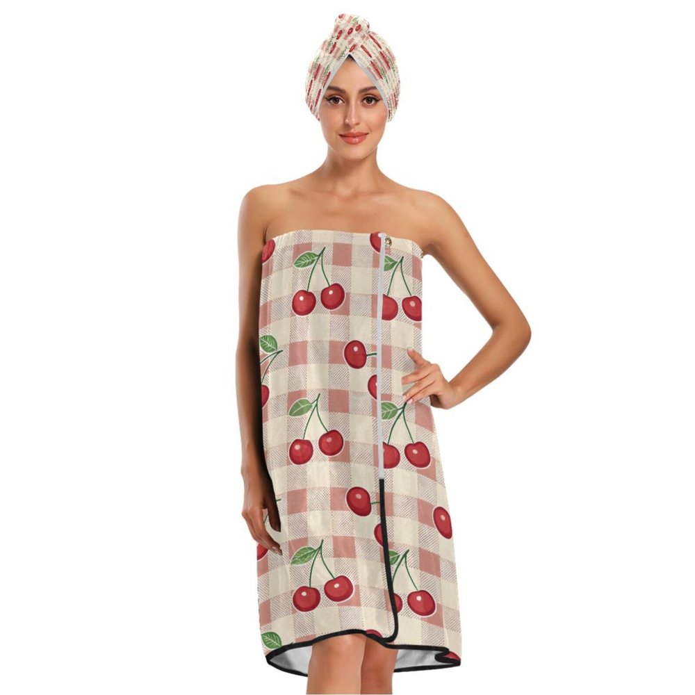 Bulletgxll Cherry Fruit Gingham Women's Shower Wrap Towel Set of 3 Adjustable Spa Body Wrap Super Absorbent Bathrobe with Hair Towel & Headband