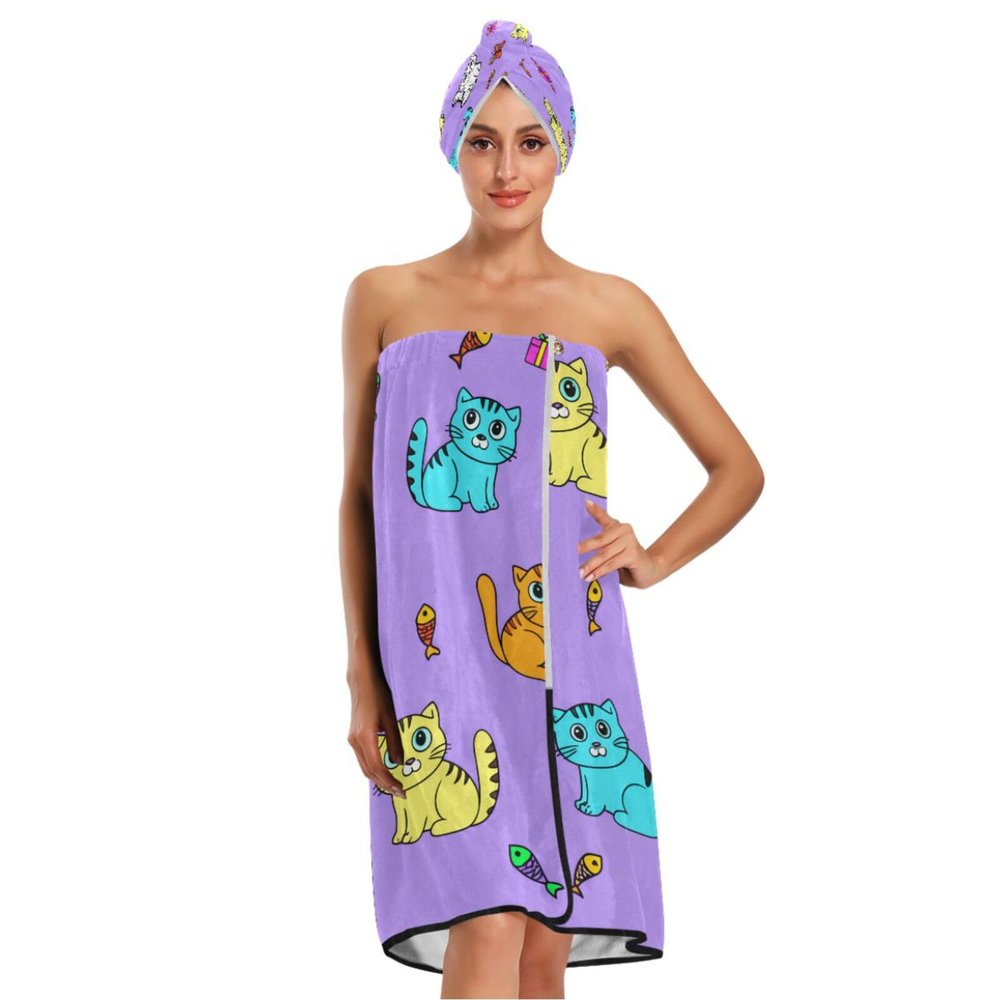 Bulletgxll Cats and Butterflies Women's Shower Wrap Towel Set of 3 Adjustable Spa Body Wrap Super Absorbent Bathrobe with Hair Towel & Headband