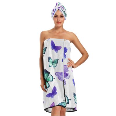 Bulletgxll Butterflies Women's Shower Wrap Towel Set of 3 Adjustable Spa Body Wrap Super Absorbent Bathrobe with Hair Towel & Headband