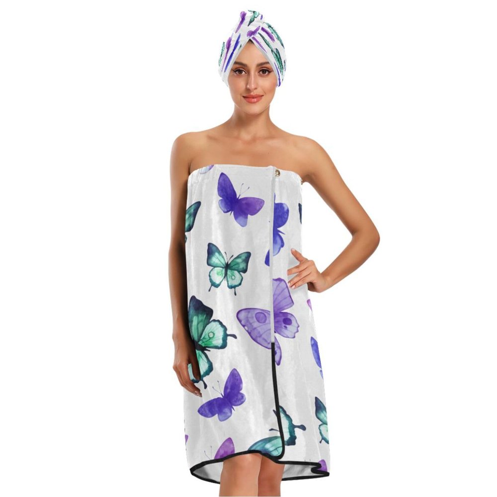 Bulletgxll Butterflies Women's Shower Wrap Towel Set of 3 Adjustable Spa Body Wrap Super Absorbent Bathrobe with Hair Towel & Headband